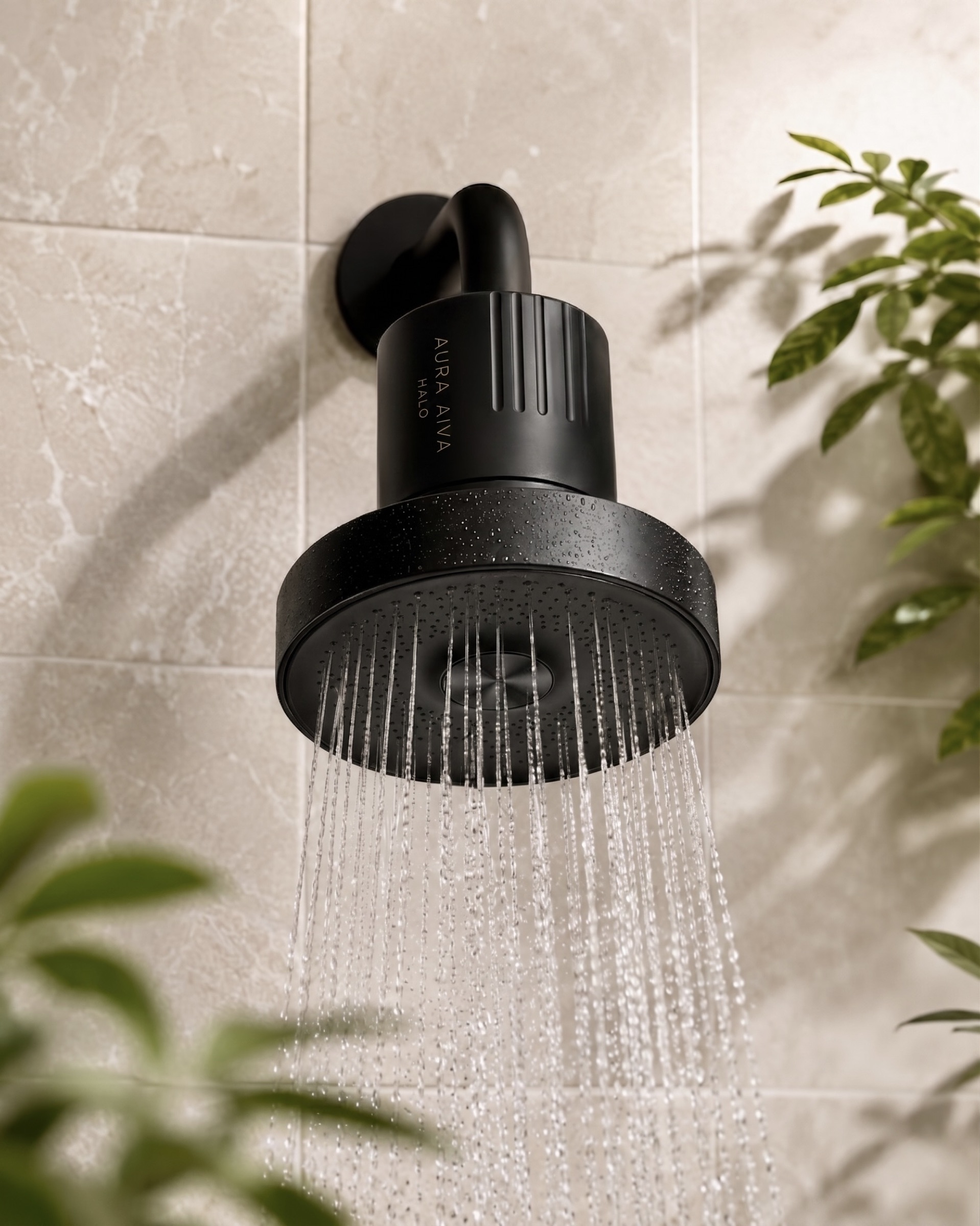 The Halo filtered showerhead in Matte Black, running