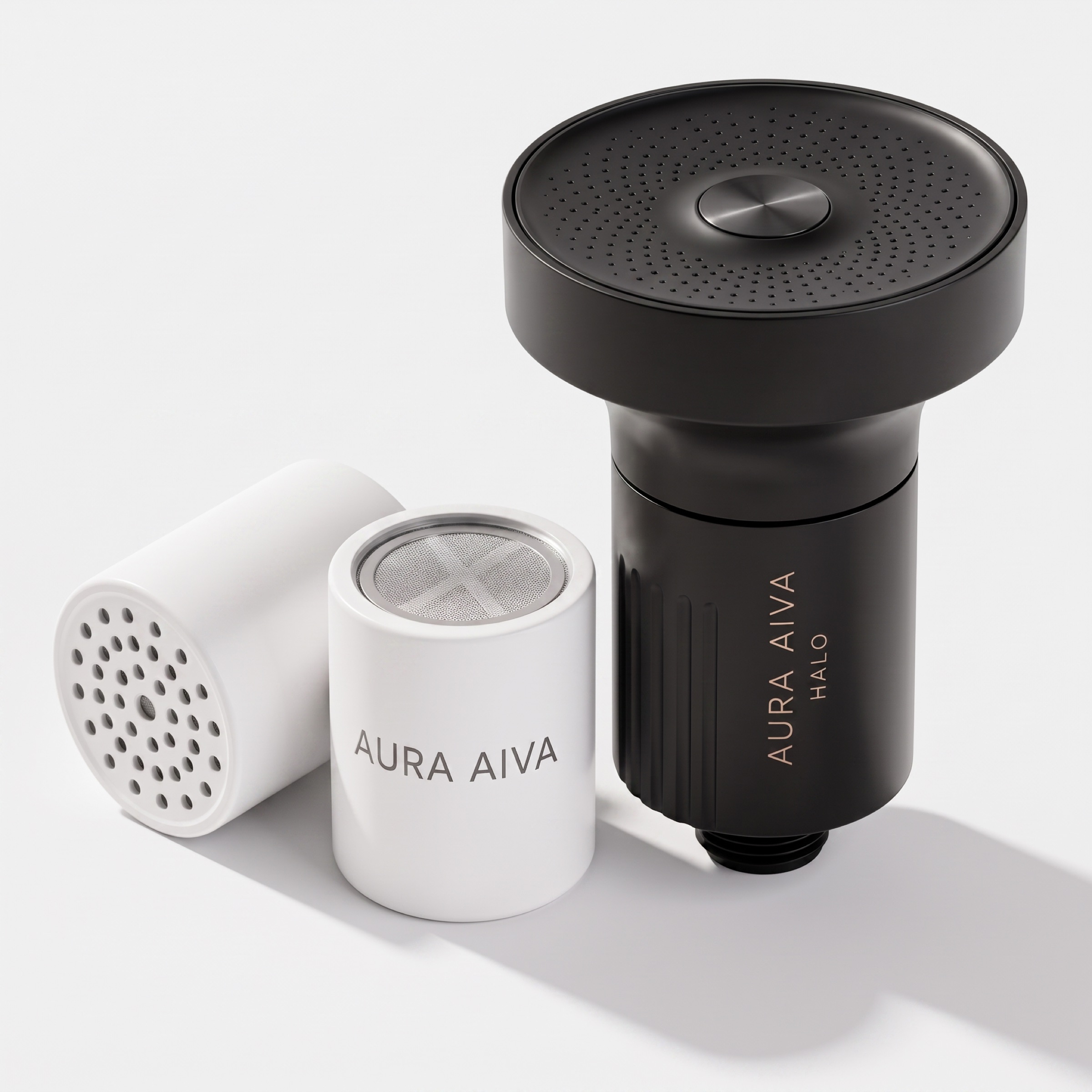 Everything in the box — the Halo Filtered Shower System, first filter, and quick-start guide